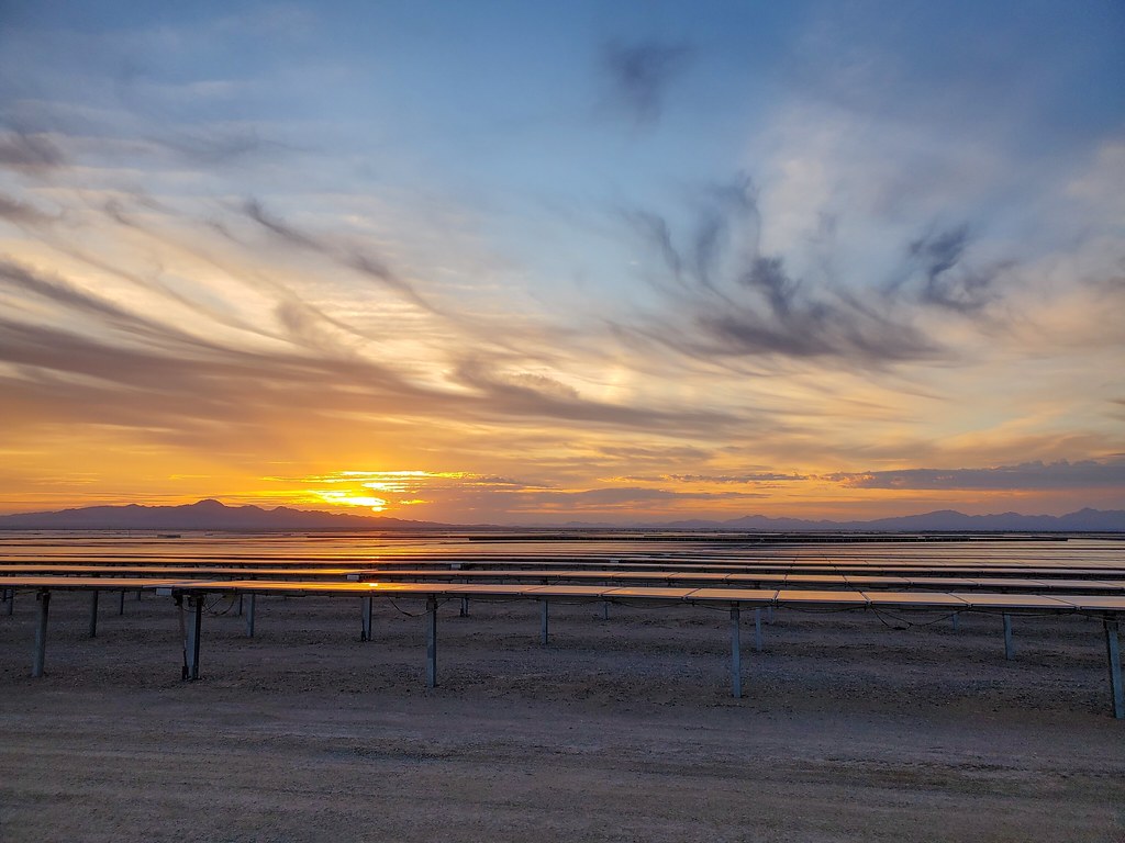 Large commercial solar panel farm at sunset